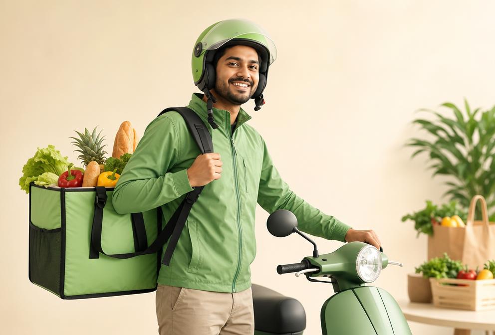 Euro Store grocery delivery rider with a filled delivery bag